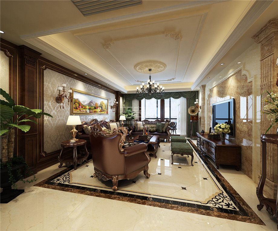 客厅-曲江金地湖城大镜243平美式风格设计方案